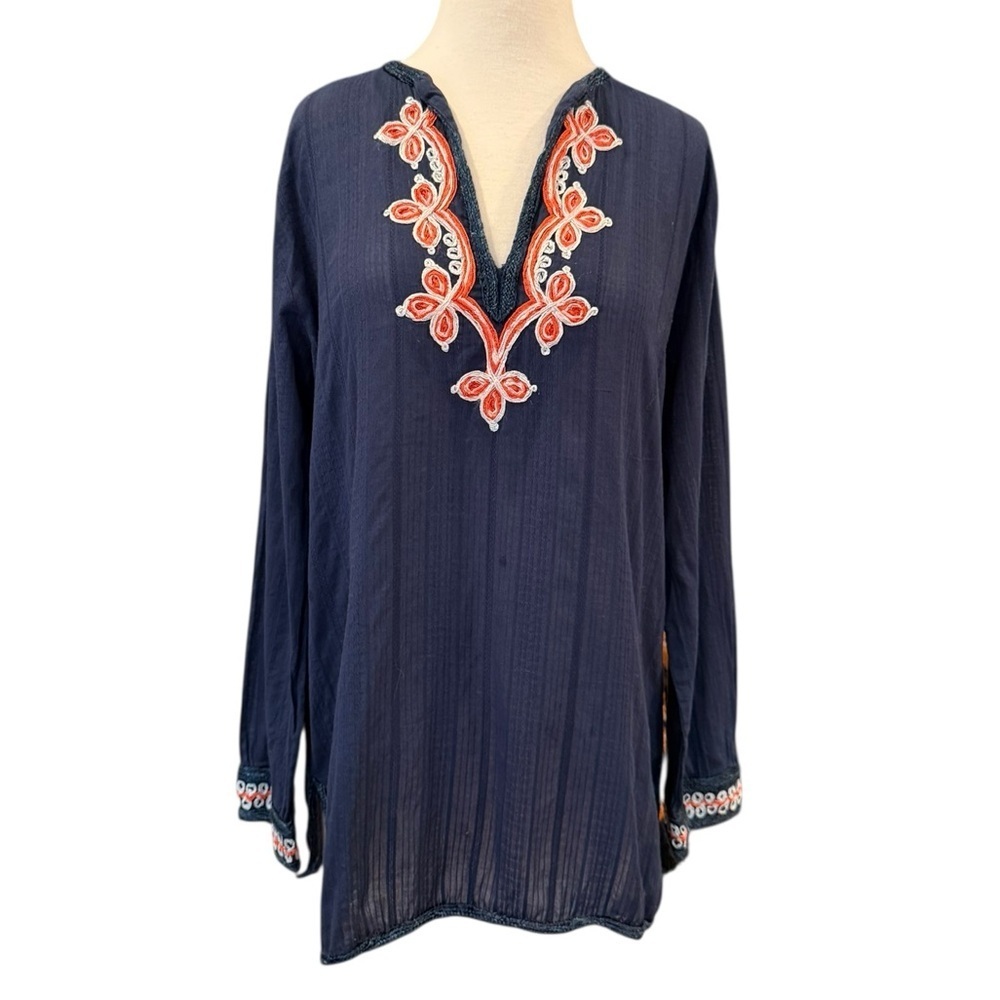 Trina Turk Navy Blue Woven Embroidered V-Neck Long Sleeves Cotton Tunic Sz L